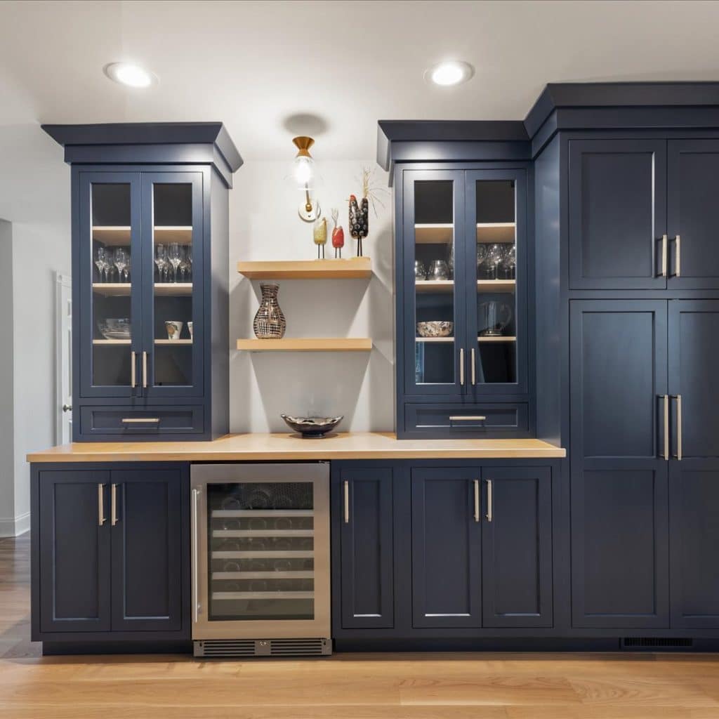 Cabinet Installation near Asbury NJ 1 kitchen with blue and wooden cabinets and drawers